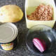 Principal ingredients for mince and beans baked potato
