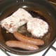Frying sausages, ox liver and beefburger.