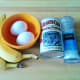 All the ingredients you will need for flourless banana pancakes. 1 1/2 bananas, 2 eggs, baking soda and salt to bring our the sweetness (or butter when finished). And yes, you will need a little separate bowl to beat the eggs.