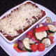 Spicy beef zucchini and roasted vegetables are plated