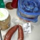 Farmer Sausage, sauerkraut, sliced potatoes, sliced onions and sliced peppers