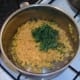 Chopped coriander is added to turmeric rice