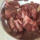 I cut off the surplus fat from stewing lamb before cutting. 500g of lamb in these images yielded 475g of trimmed lamb
