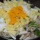 Step five: Add chopped potatoes. Stir-cook on low fire for 2 to 3 minutes. Add turmeric powder, sugar, and salt.