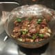The marinade with the meat.