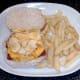 Cheese and onion crisps are laid on cheesy sausage