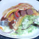 Tucking in to venison sausages and Spanish tortilla