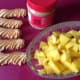 Biscuits, peanut butter, and mango cubes.