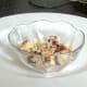 Mincemeat and sponge is arranged in dessert bowl