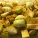 Seasoned chopped onions and potatoes