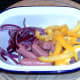 Cocktail sausages, red onion and yellow bell pepper