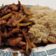 Pork with Garlic Sauce, Brown Rice, and an Eggroll