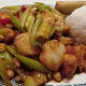 Shrimp and scallops with pepper sauce, steamed rice, and eggroll