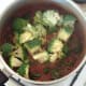 Chopped broccoli florets are added to curry sauce