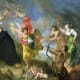 An allegorical painting by Theodore Boeyermans, depicting St. Aloysius pronouncing his vows. St Ignatius and St. Francis Xavier are in the firmament while the world, flesh(cupid), and the Devil try to prevent him. Note the crown on the ground.