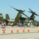 An MV-22 Osprey, Bu Number 168332, at Dulles IAP, September 2017. The MV-22s of HMX-1 has flown VIPs but for safety concerns has not, as of May 13, 2018, flown as "Marine One".