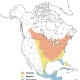 Map showing the range of the Baltimore Oriole birds in North America.