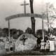 "Americans" -- Original monument at the cemetery before the statue was installed. Teh same stone can be seen today, marking the passing of 2260 men. Pictured is Louisiana Briggs and her family visiting just after the war.