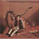 A painting of big cat trainer with a lion, a tiger, and 3 hybrid offspring during the 19th Century (AD 1800s).