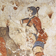 Maiden plucking saffron flowers from rocks. She wears the typical flounced dress of Minoan ladies (as with Egyptian art, women are painted white by convention; men are red).