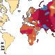 The global distribution of Blood Type B: the highest density is in Central Asia.
