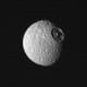 "That's no moon, it's a... oh, nevermind, it IS a moon." NASA scientists tend to refer to Mimas as the "Death Star moon" thanks to the 80-mile-wide impact crater that just barely failed to shatter it. (The moon Mimas is about 245 miles in diameter.)