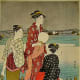 Women of the middle Edo Period wearing stylish wide obi. Print by Kiyonaga