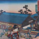 Woman of the middle Edo Period displaying her long, fluttering sleeves. Print by Utagawa