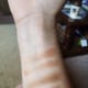 Finger and brush swatches of the left column of shadows from the Wet N Wild Comfort Zone palette, starting with the pale shimmery yellow, which is a bit hard to see on my skin