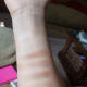 Finger swatches with brush swatches below each one. From top to bottom: Heaven (which you can't see on my skin tone), Satin Sheets, Nudie, Cashmere Bunny, Push-Up, and Honey Pot.