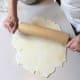 You want the pie dough rolled out evenly to 1/8th of an inch thick and without tears. You should have a rectangle of dough that is at least as wide as the pie plate.