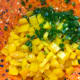 Here you can see the difference in the size of the dice. The jalapeño is much finer than the bell pepper.