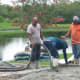 It took a full crew to spread the concrete as it was pumped to the patio.
