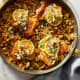 Chicken freekeh skillet with warm feta-lemon relish