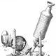 This is a drawing of Robert Hooke's microscope from Scheme I of his 1665 "Micrographia." It is on permanent display in "The Evolution of the Microscope" exhibit at the National Museum of Health and Medicine, in Washington, DC.