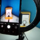 Phone camera is centered behind the ring light, providing a good view and plenty of unobstructed light.