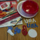 Supplies to make a patriotic hat.