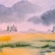 Add a few clusters of tree trunks along the horizon, then paint in some foliage on the distant trees. Deepen green shadows.