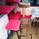 Step stool upholstered with red faux fur