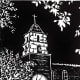Untitled Linocut (Mission-style Church in McAllen, Texas) by Peggy Woods