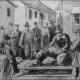 Giles Corey (died Sept. 19, 1692). Pressed with heavy stones for failing to answer a charge of witchcraft. He lay between the boards shown and was pressed to death.