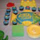Fish shaped cake and under the sea cupcakes.