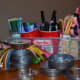 Markers, colored pencils, ribbons, jewels.