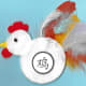 Shapes rooster—real feathers added.