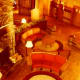 Looking down upon the fireplace and furnishings