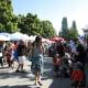 Adults, children and dogs explore the market
