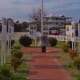 Flag and history display on lighthouse grounds.