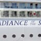 A close-up view of a cruise ship