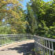 The first part of the pedestrian overpass bridge is bordered by plants and is attractive.