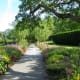 A pathway through flower beds